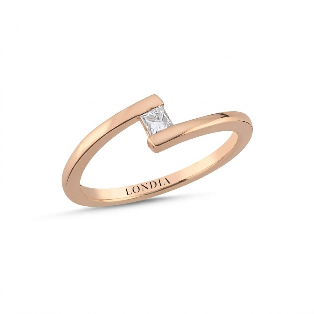 0.10 Ct. Doğal Pırlanta Prenses Kesim Tasarım Yüzük, 14 Ayar Altın