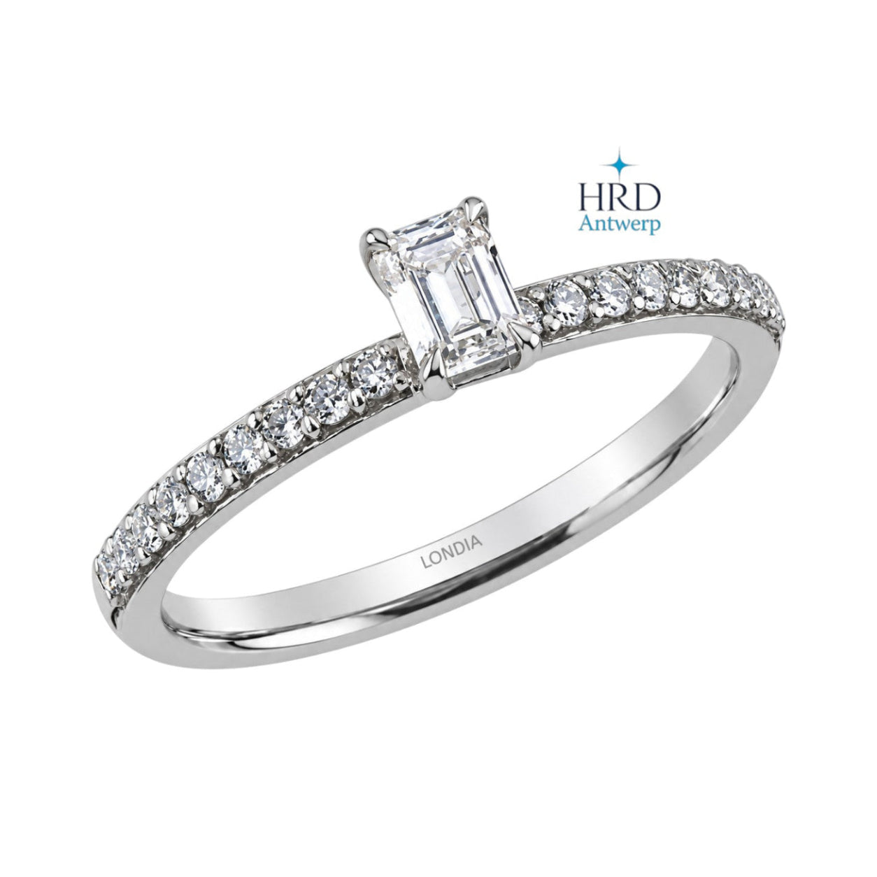 0.55 Karat F Rengi HRD Sertifikalı Emerald Kesim Yan Taşlı Yüzük