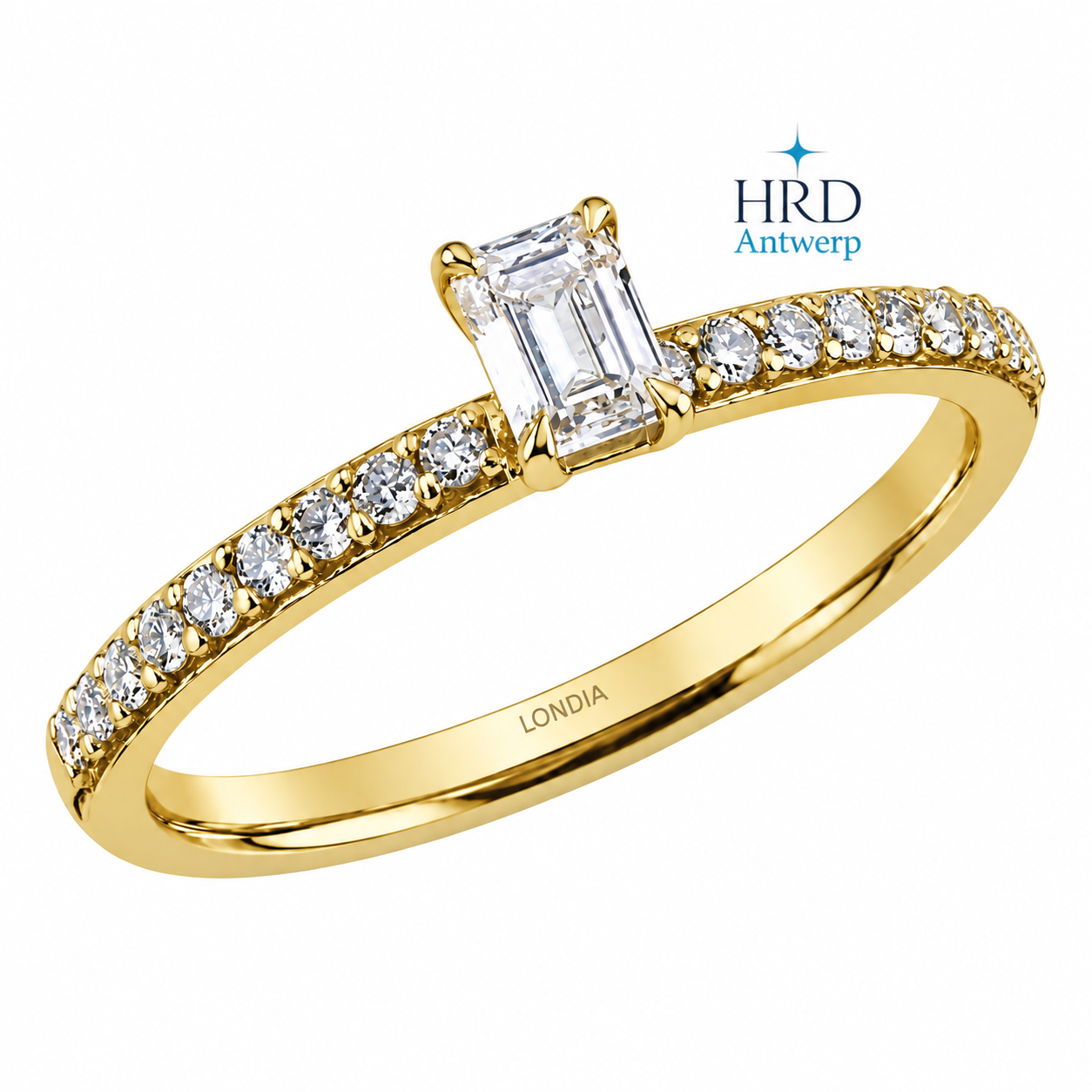 0.55 Karat F Rengi HRD Sertifikalı Emerald Kesim Yan Taşlı Yüzük