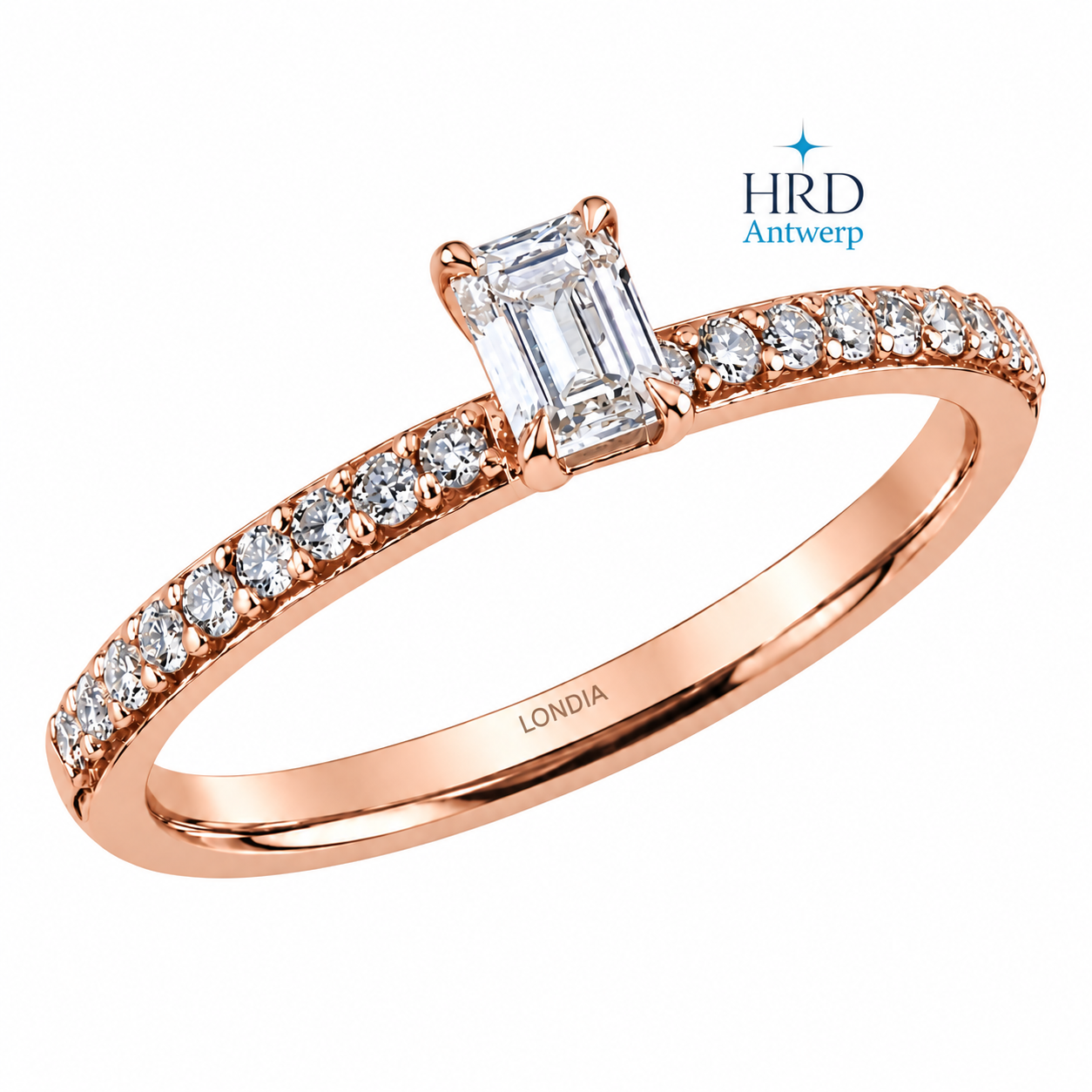 0.55 Karat F Rengi HRD Sertifikalı Emerald Kesim Yan Taşlı Yüzük