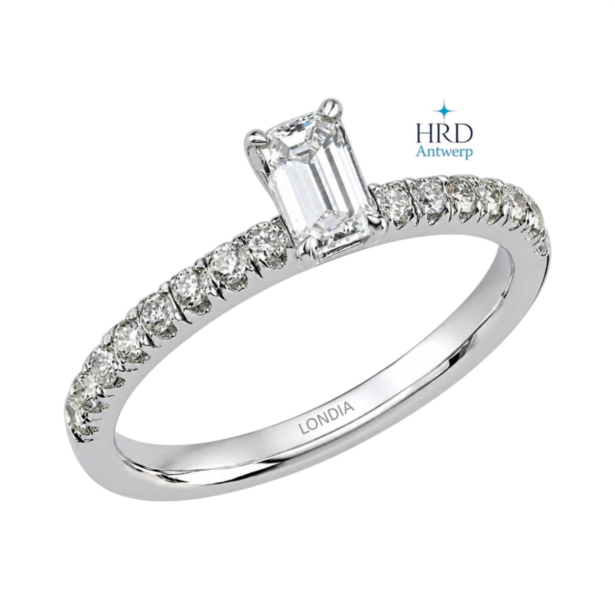 0.65 Karat F Rengi HRD Sertifikalı Emerald Kesim Yan Taşlı Yüzük