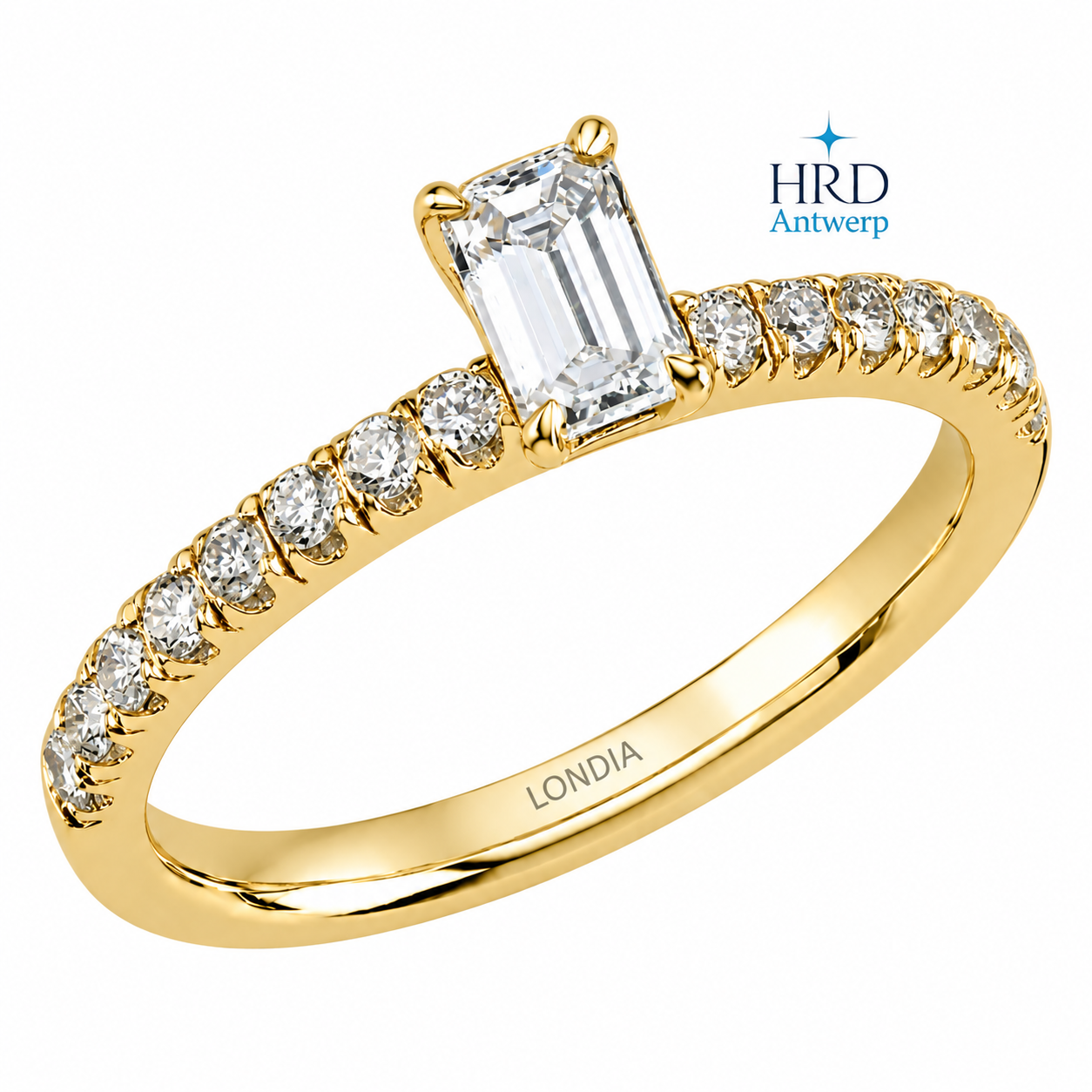 0.65 Karat F Rengi HRD Sertifikalı Emerald Kesim Yan Taşlı Yüzük