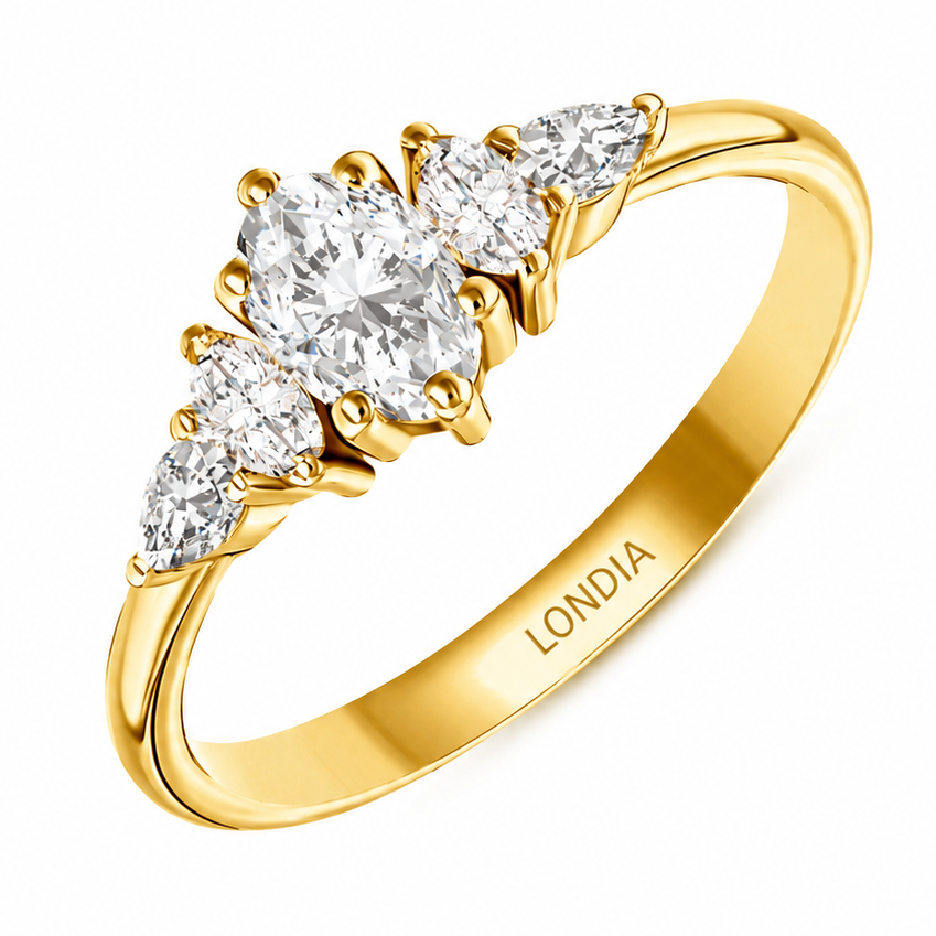 0.70 Kt. Doğal Oval Pırlanta Yan Markiz ve Damla Pırlantalı Yüzük