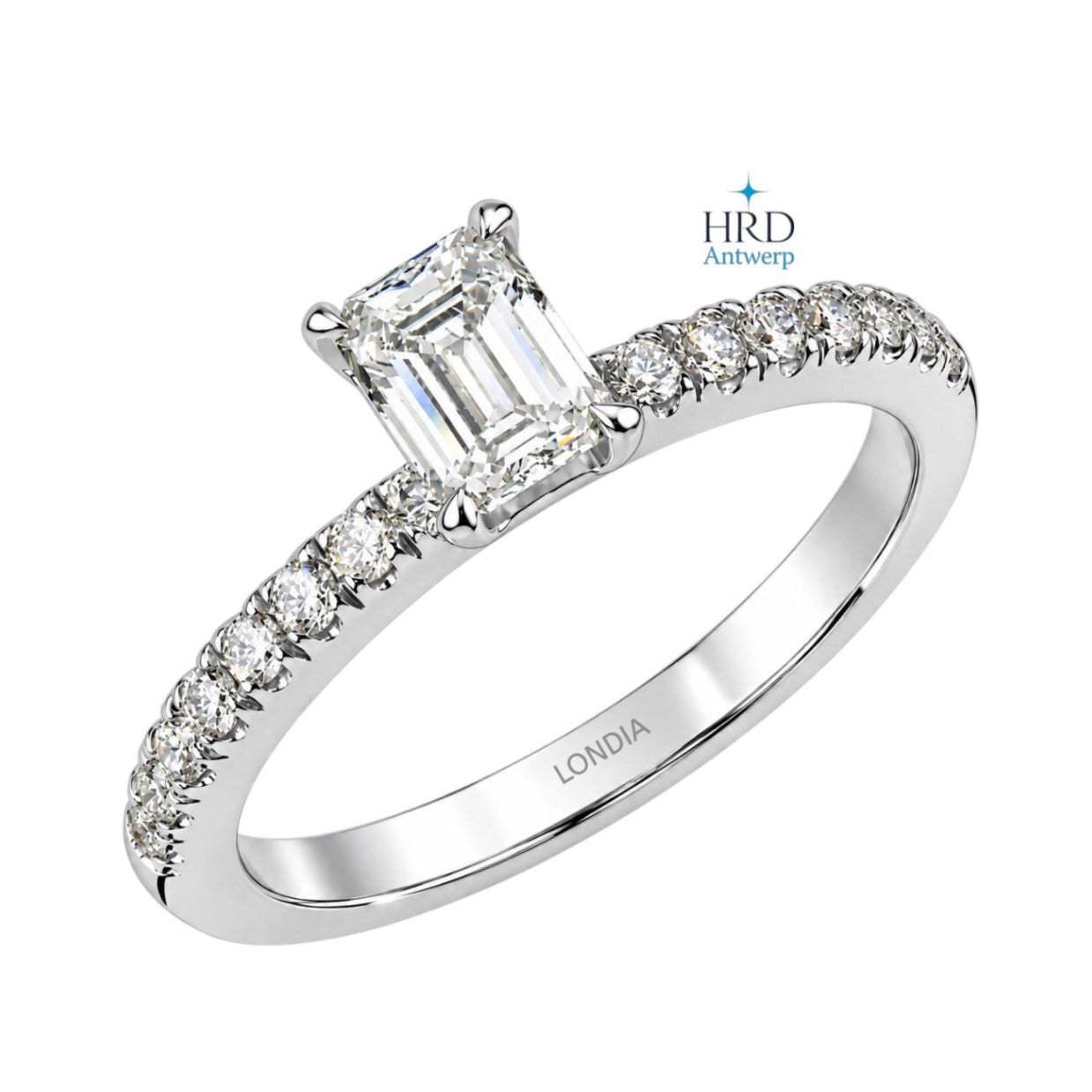 0.85 Karat F Rengi HRD Sertifikalı Emerald Kesim Yan Taşlı Yüzük
