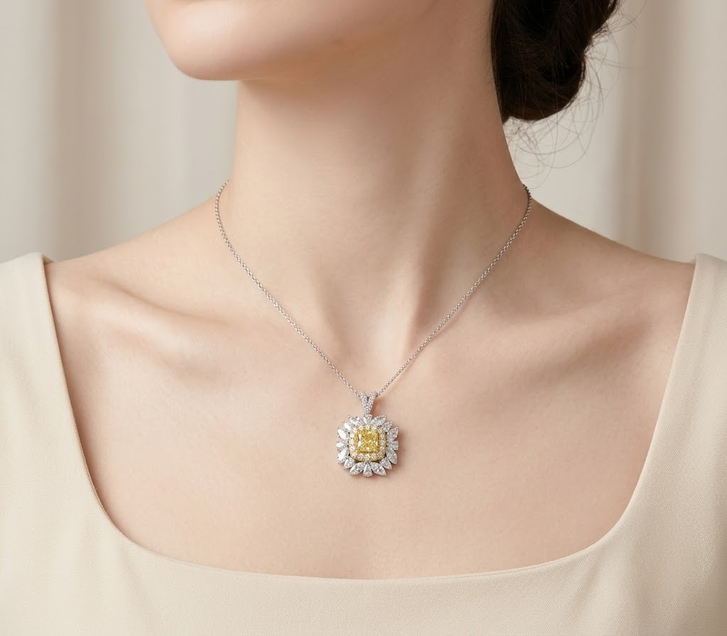 1.90 Karat Pırlanta Fancy Yellow Kolye, 18 Ayar Saf Altın