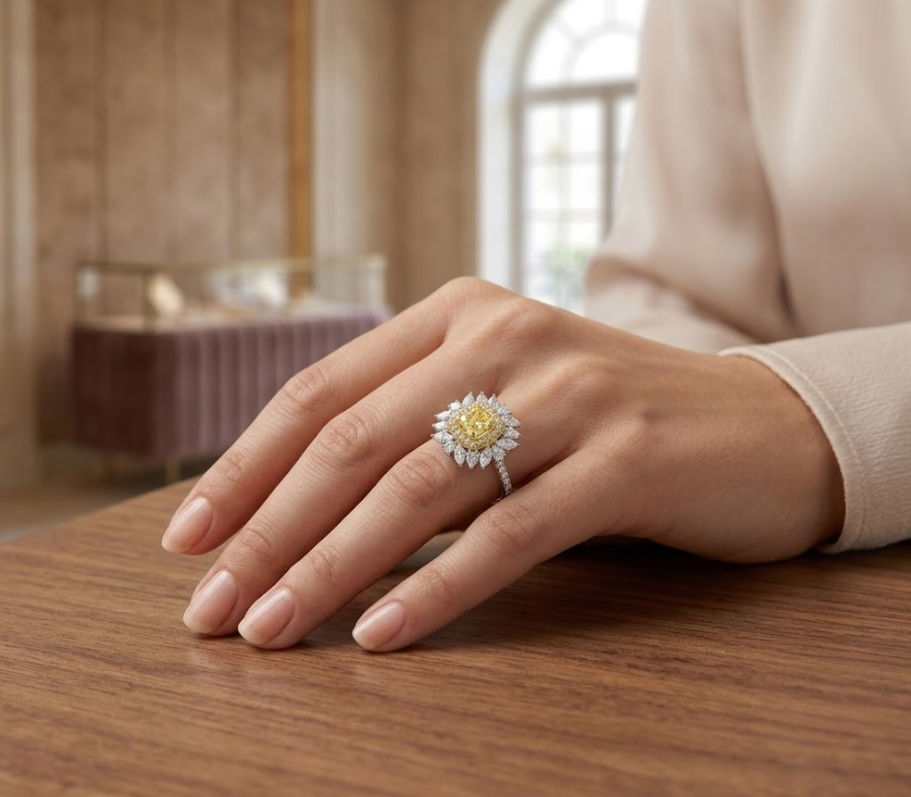 7.60 Karat Fancy Yellow Pırlanta Tasarım Set 18 Ayar Altın