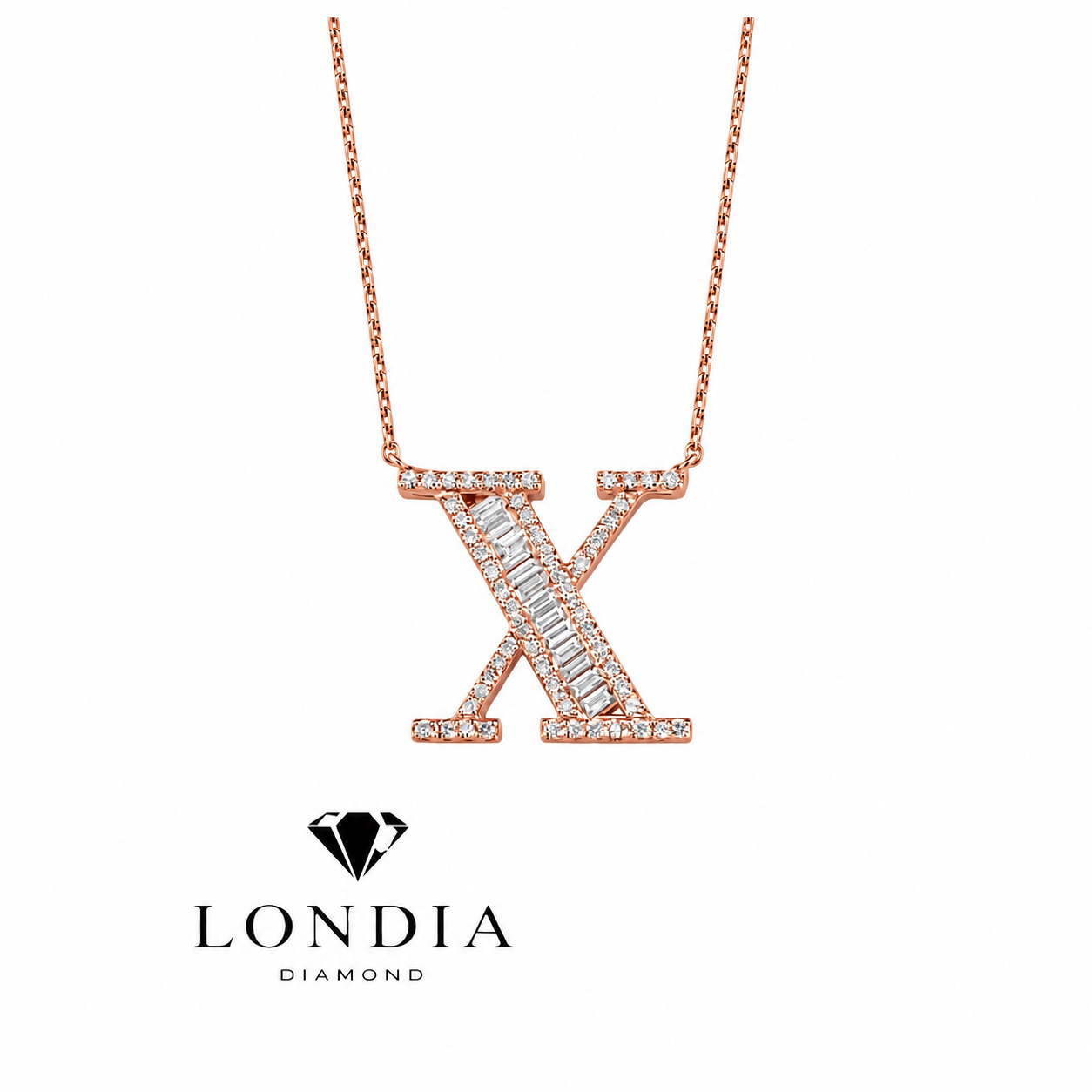Kişiye Özel X Harfli Baget 0.50 Karat Doğal Pırlanta Kolye