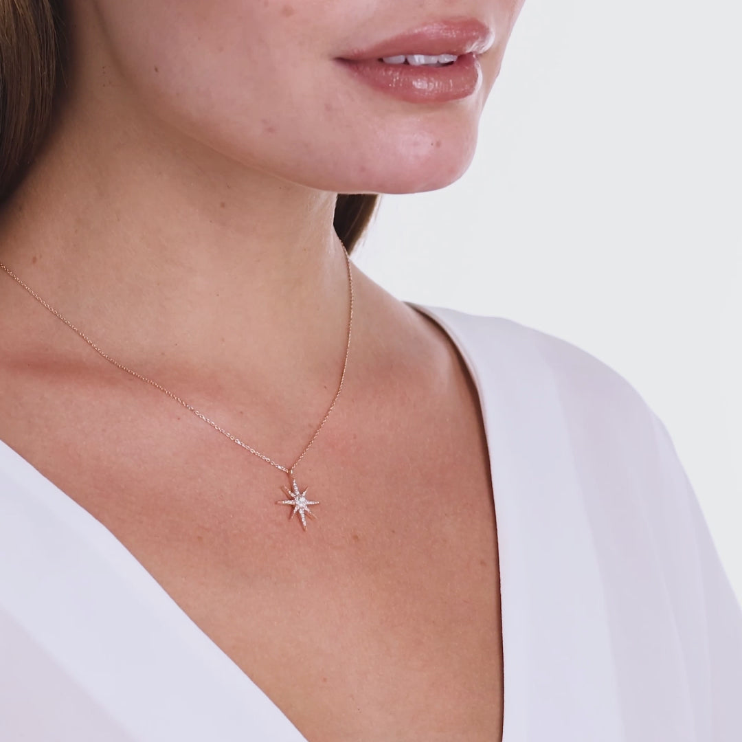 0,17 Karat Pırlantalı Yıldız Tasarım Kolye, 14 Ayar Saf Altın